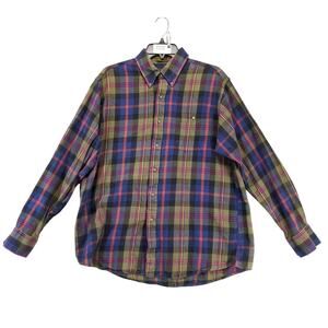 Vtg Boston Traders Plaid Flannel Button Down Shirt Men's L Long Slv Navy Olive